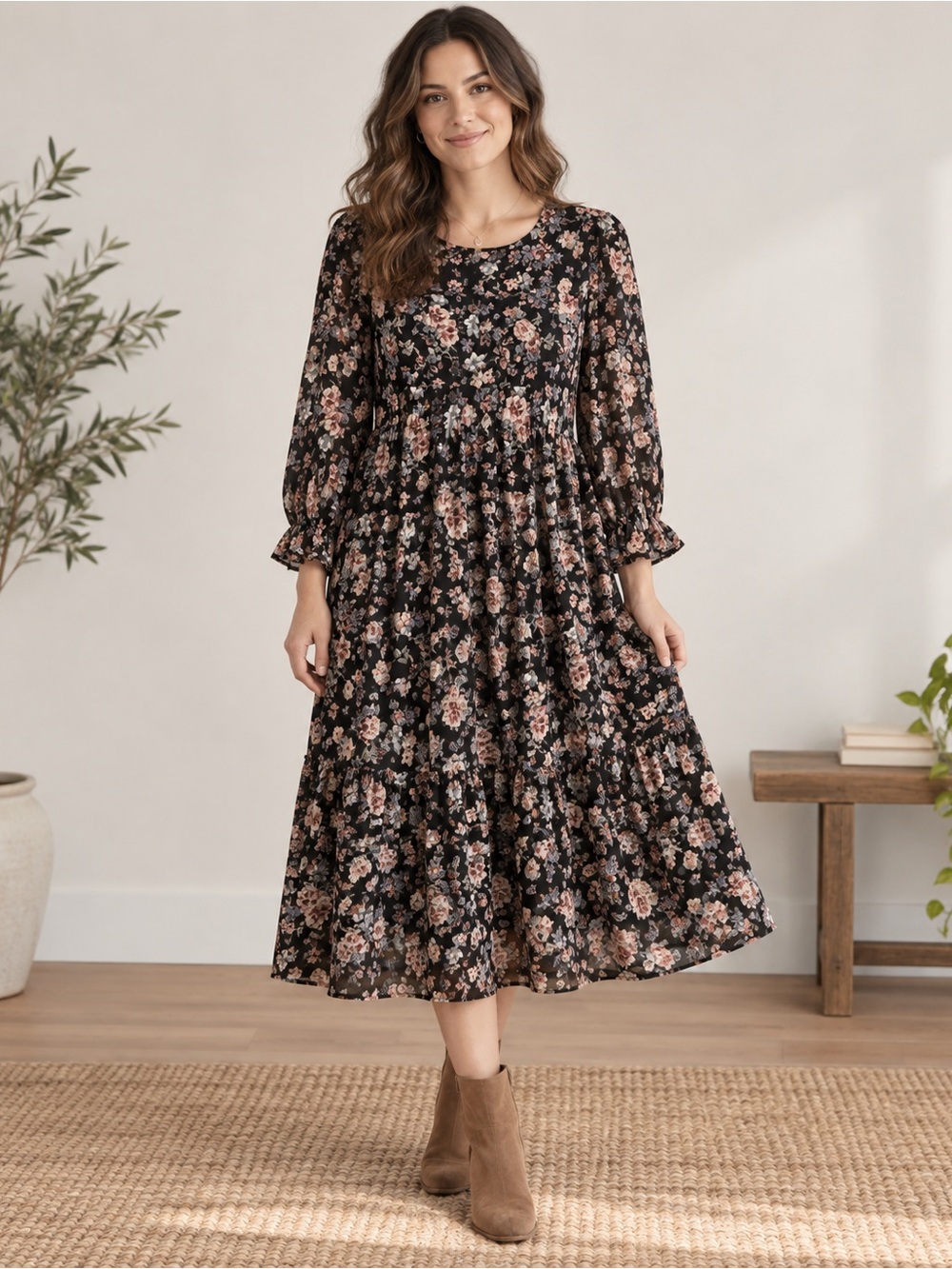 Polagram Black Floral Tiered Midi Dress Size Small NWT